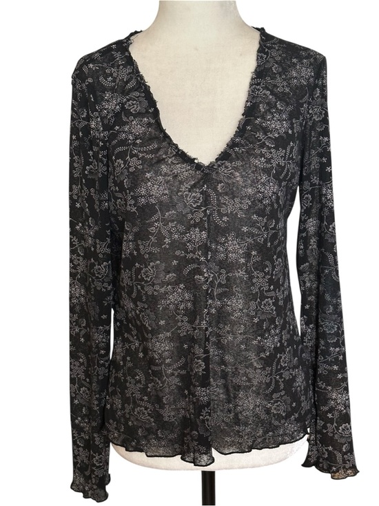Jacob Tops - Jacob Black & White Semi Sheer Floral Print V-Neck Long Sleeve Top L
